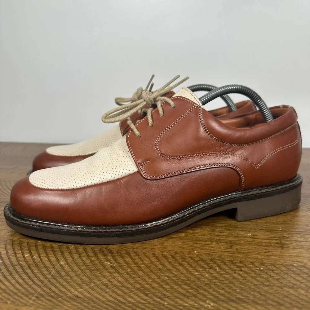 Johnston Murphy Shoes Mens 9.5 Brown Cream Handcrafted Leather Oxford Italy
